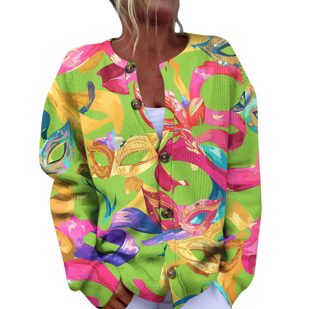 Women's Fashion Festival Printed Long-Sleeved Knitted Cardigan With Button-Front