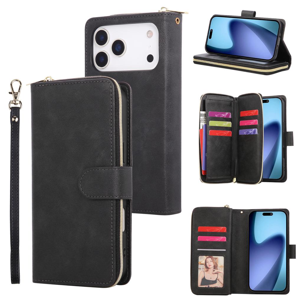 For iPhone 17 Pro Max Case Zipper Pocket 9 Card Slots PU Leather Phone Cover with Hand Strap