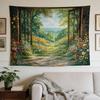 A stylish tapestry, Open Door Garden Vista The Image Depicts A Peaceful Garden Scene Seen Through An Open Door, With Vibrant Flowers And Greenery On E