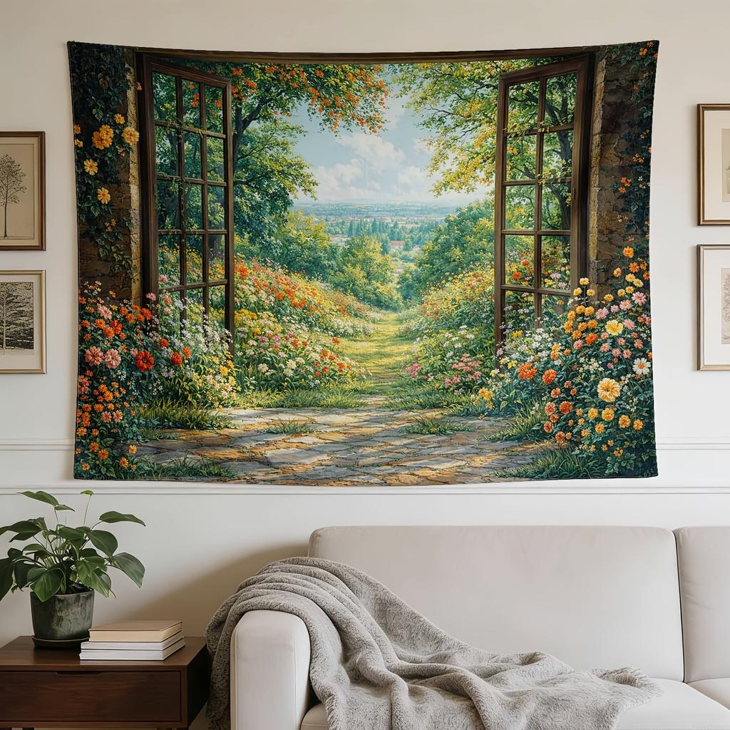A stylish tapestry, Open Door Garden Vista The Image Depicts A Peaceful Garden Scene Seen Through An Open Door, With Vibrant Flowers And Greenery On E