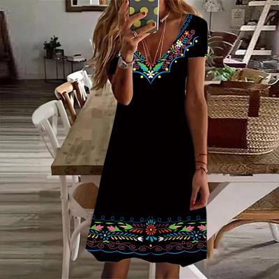 Summer Fashion Women's V Neck Short Sleeve Retro Printed  Dress Sex Short Skirt Dresses