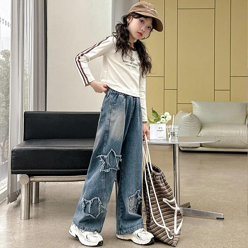 Teens School Children Trousers Spring Star Design Casual Loose Jeans for Girl Elastic Waist Fashion Kids Straight Pants