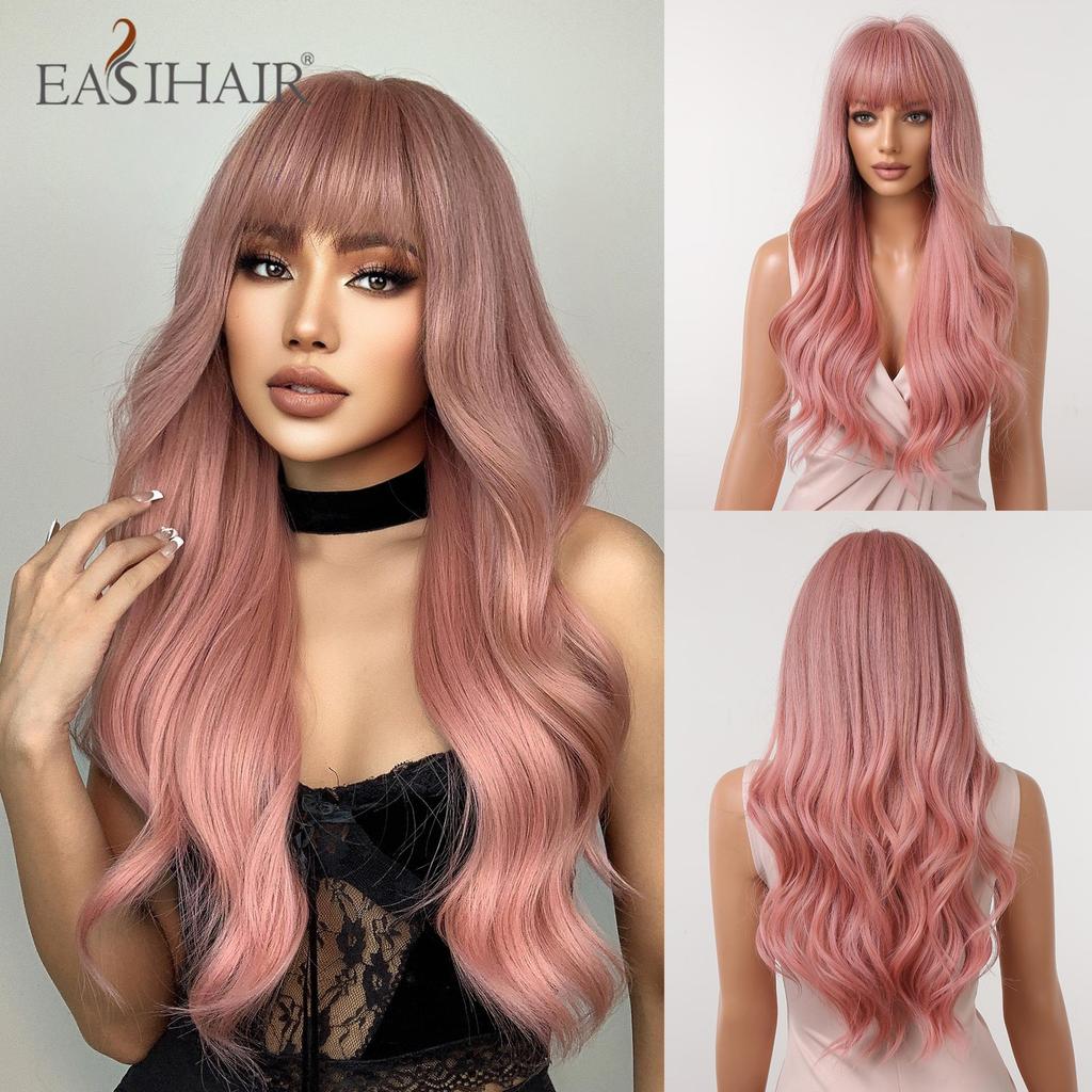 EASIHAIR Long Blonde Synthetic Wigs with Bangs Natural Wavy Hair Wig for Women Daily Cosplay Wig Heat Resistant Fiber
