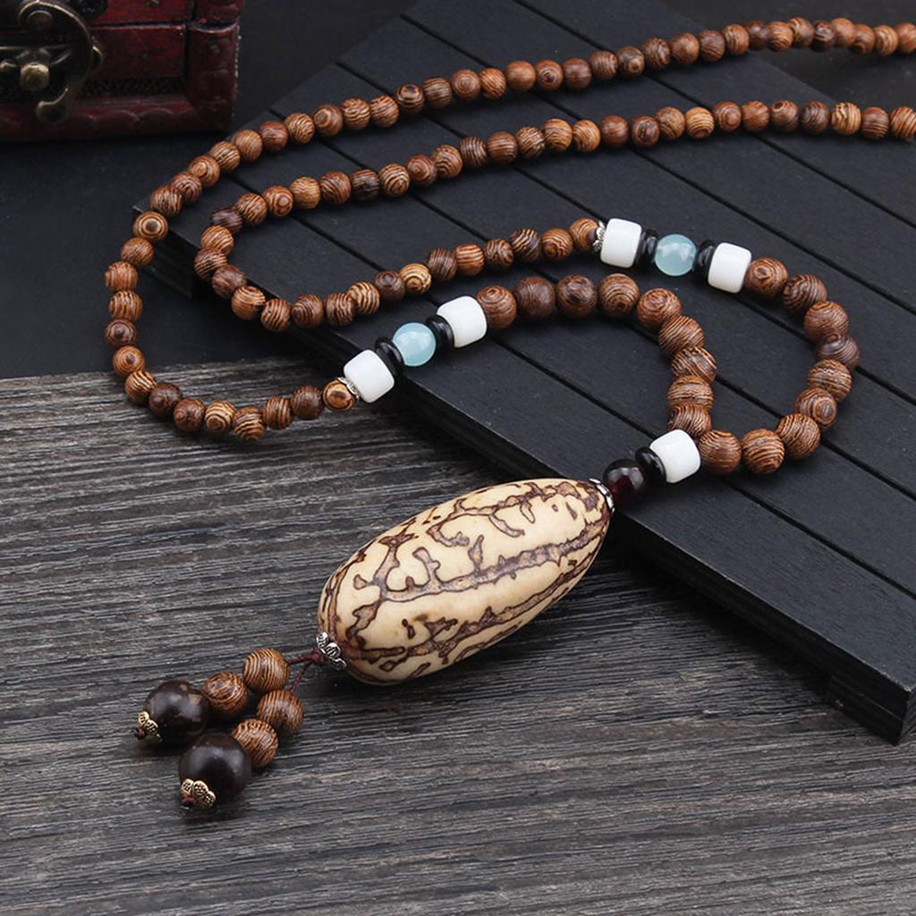 Ethnic Handmade Wood Rosary Beads Necklace Eco Friendly Wood Beaded Necklace Adjustable Length Boho Sweater Neck Jewelry
