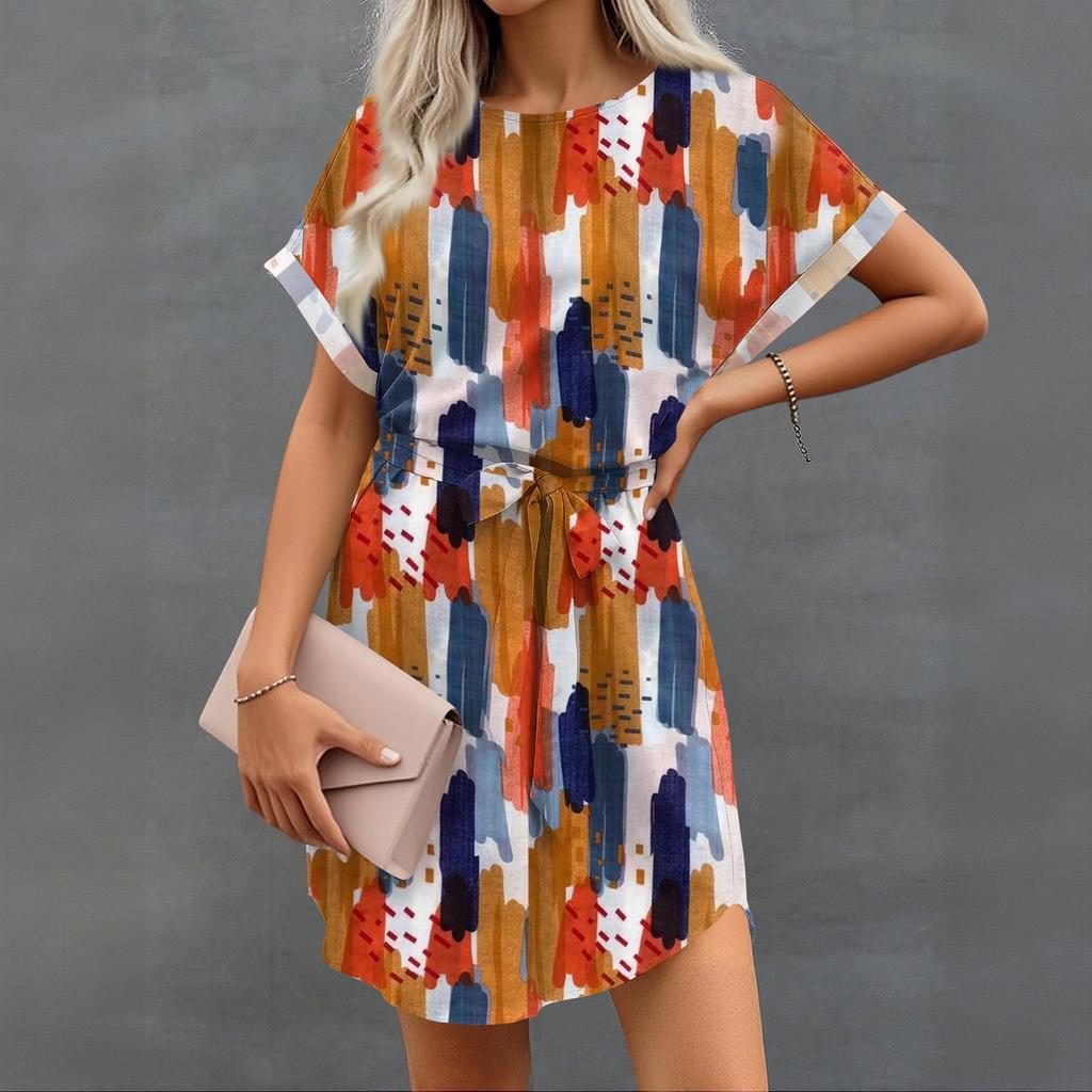 Womens Summer Short Dresses O Neck Casual Batwing-Short Sleeve Belted Dress For Women