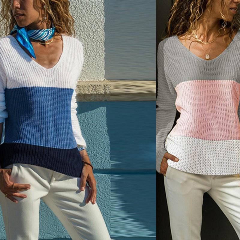 V Neck Contrast Color Splicing Knit Pullover Women Long Sleeve Sweater Warm Sweatshirts Knitted Tops V Neck Contrast Color Splicing Knit Pullover Women Long Sleeve Sweater Warm Sweatshirts Knitted Tops