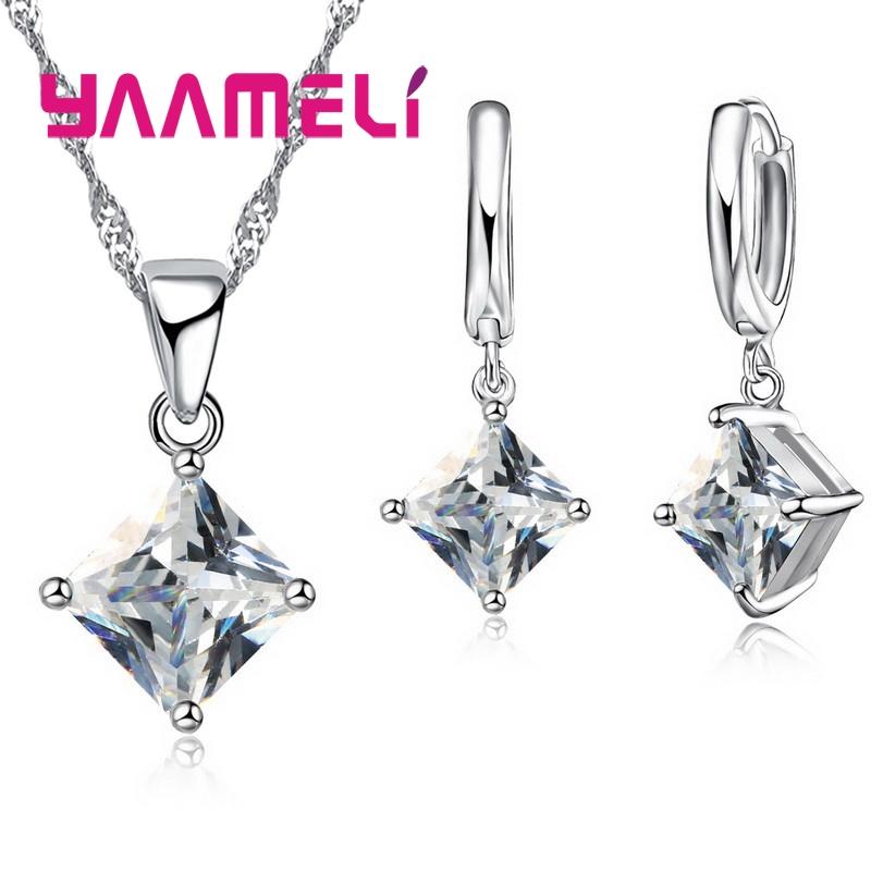 New Fashion Women Pendants Necklace Simple Geometry Square Earrings Crystal 925 Silver Color Jewelry Sets for Wedding