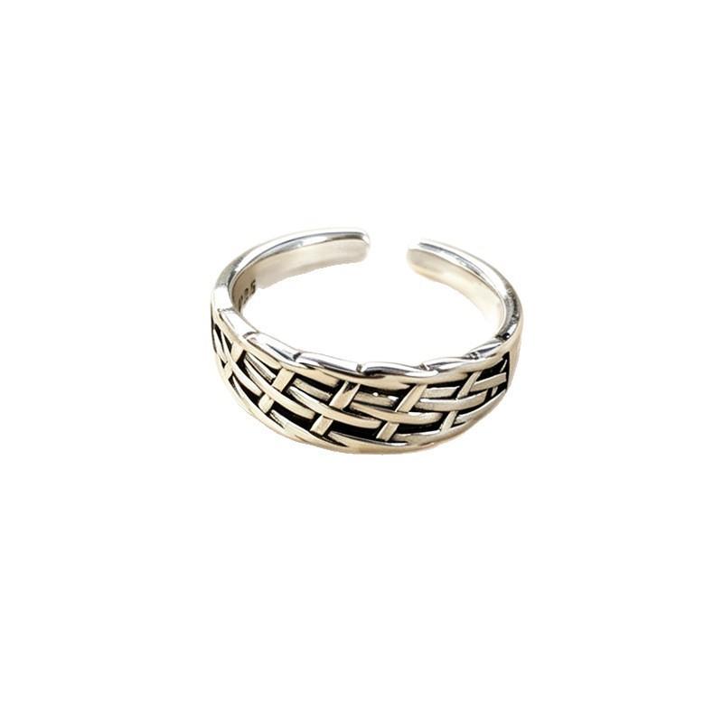 Retro Style 925 Sterling Silver Jewelry Distressed Wide Face Personalized Woven Chain Opening Rings 02890