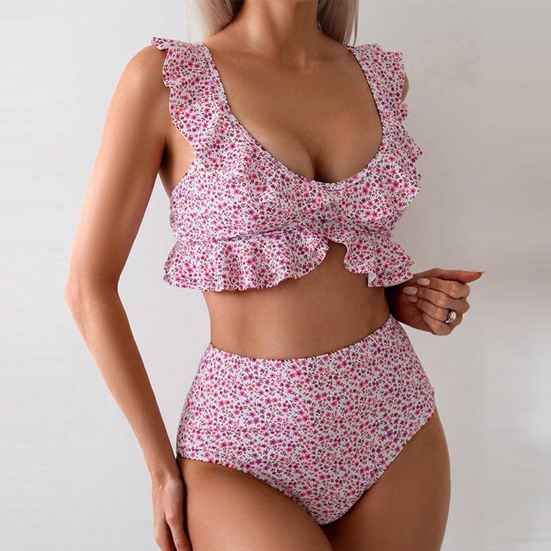 Floral Ruffle Edge Split Swimsuit Women Fashionable Beach Bikini Hot