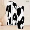 Women Plus Size Two Piece Set Black White Geometric Printed Long Sleeve Open Front Cardigan Sleeveless Bodycon Dress