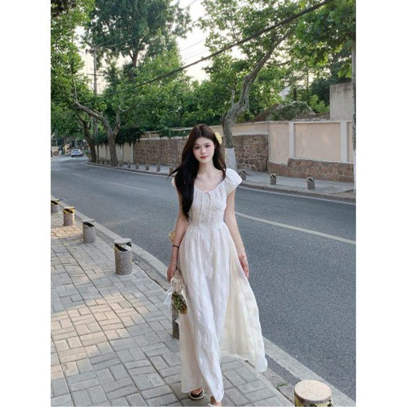 Kumikumi French style Elegant Jacquard Strap Puff sleeve One piece Dress Women clothing Summer Chic Age-Reducing Slimming Long dress