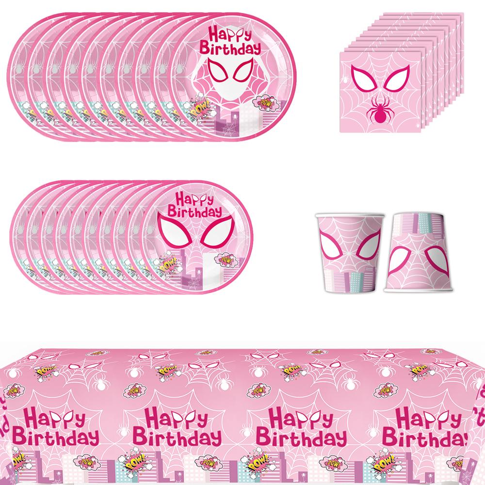 

51Pcs Pink Spider Party Supplies Include Plates, Cups, Napkins, A Tablecloth