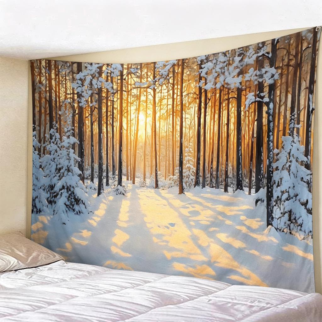 Christmas Psychedelic Tree Landscape Tapestry, Glowing Pink Forest Wall Hanging, Mystical Moon  River Backdrop for Room Decor