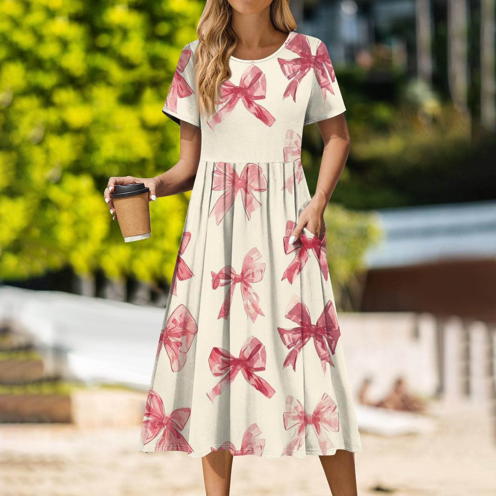 

Женское повседневное платье миди с круглым вырезом и принтом, классическое повседневное свободное платье с коротким рукавом, летнее XXXL бежевый