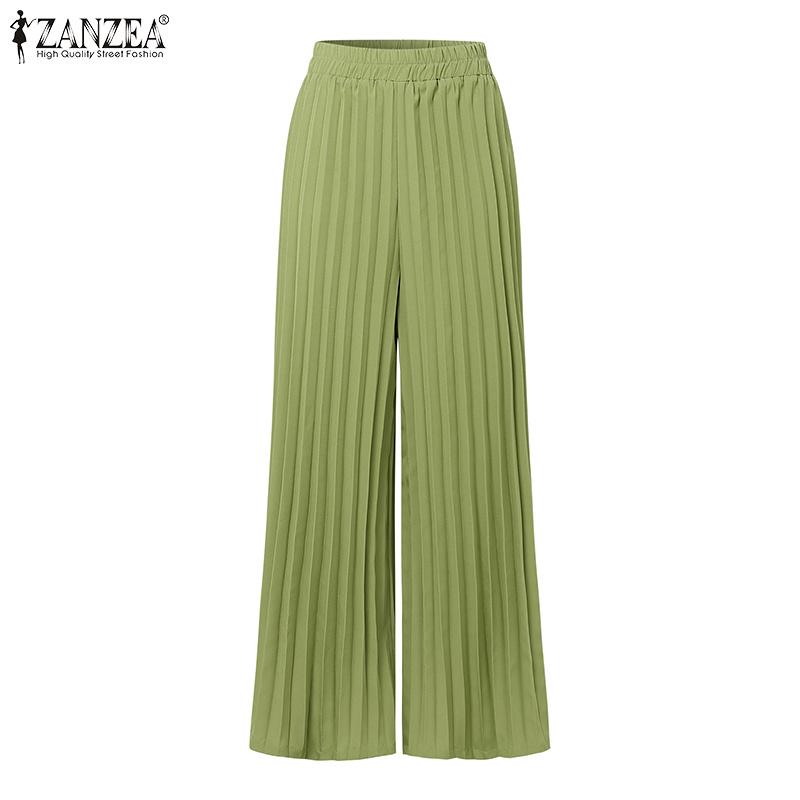 ZANZEA Womens Casual Solid Color Loose Wide Leg Pleated Pants