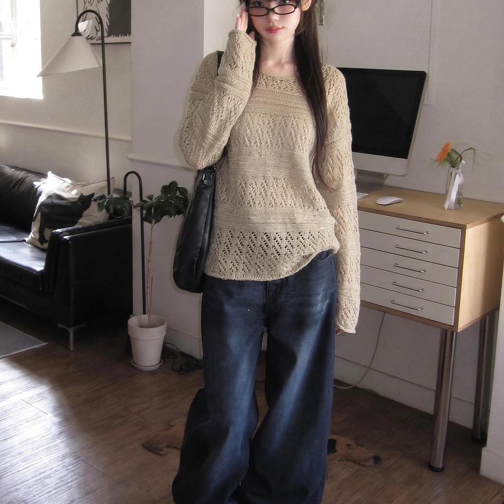 Relaxed Autumn 2026 Women's Crochet Cardigan - Loose Knit, Round Neck, Lazy Hollow Texture Knit Top.