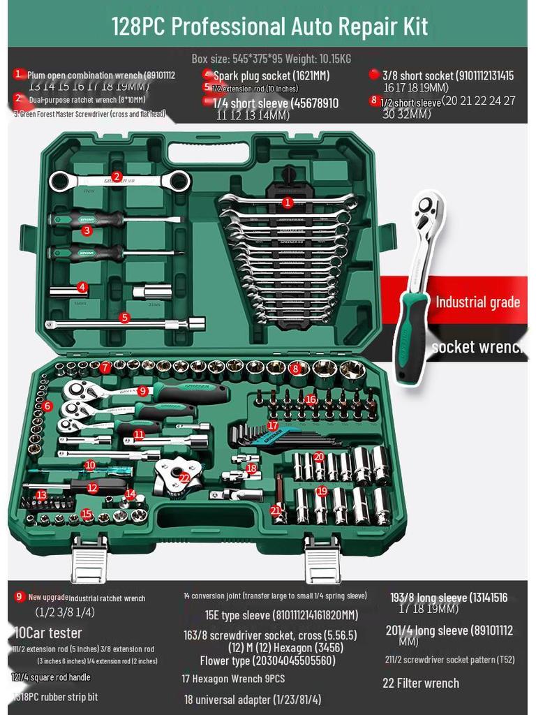 Green Forest Auto Repair Tool Set: Socket Wrench, Ratchet, Combination Tool Box.