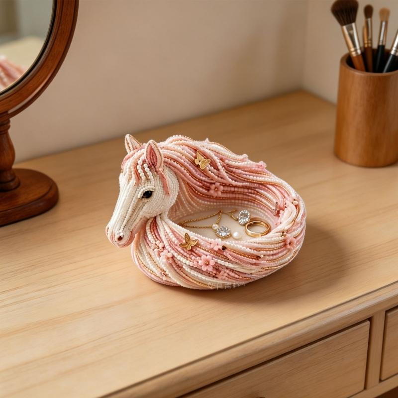 Horse Head Shape PET Jewelry Tray Pink White Textured PET Desktop Organiser for Earrings Necklaces and Small Accessories, Desktop Dish for Dresser