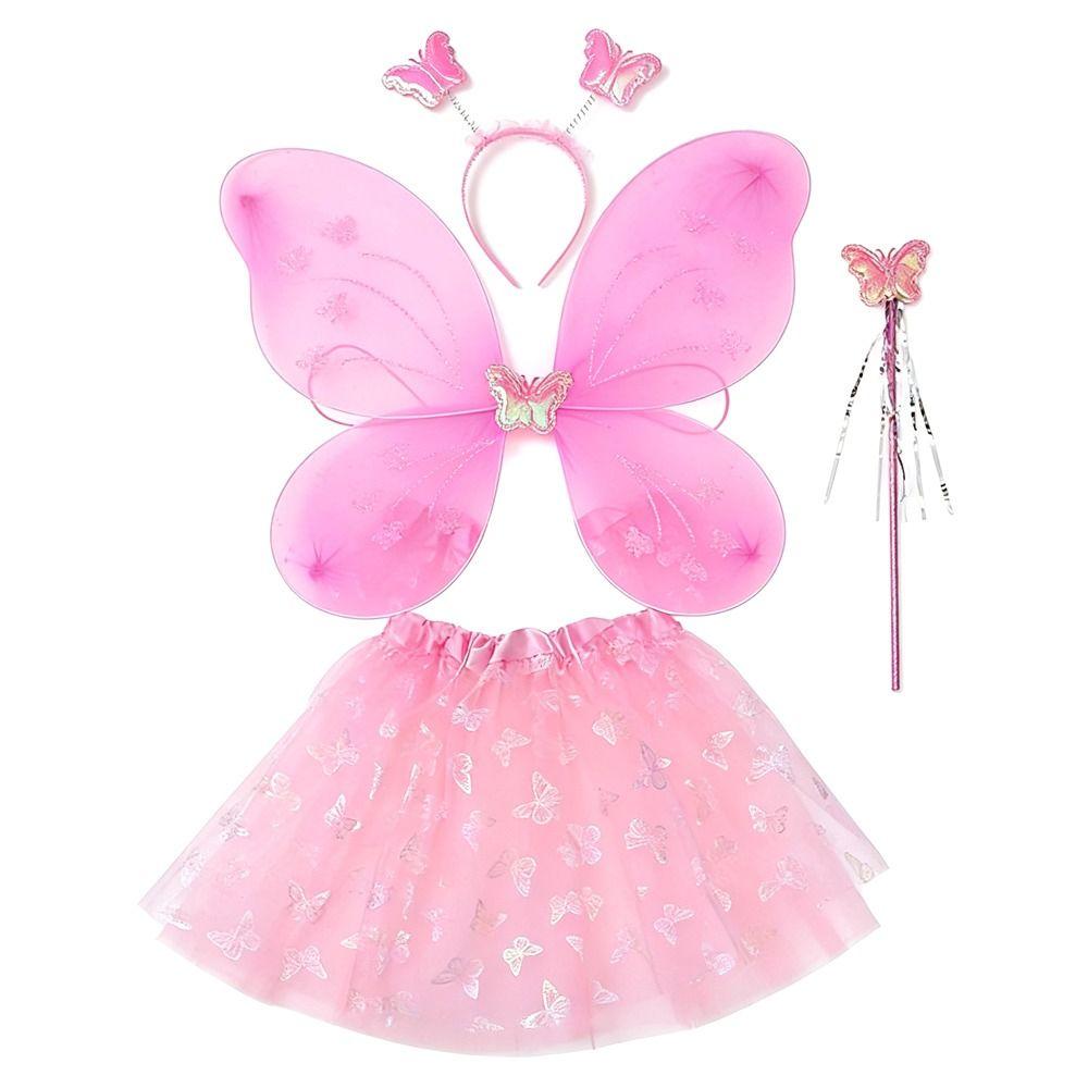 4Pcs/Set Fairy Princess Costume Puff Skirt Headband Princess Party Costume Tutu Skirt Fairy Wand Butterfly Wing Set Kids Girls