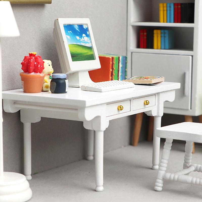 Miniature Dollhouse Furniture Computer Desk Study Desk Tea Coffee Table DollHouse Study Room Decor Simulation Mini Home Ornament