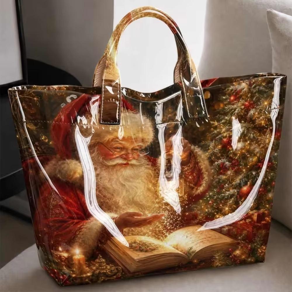 Large Capacity Christmas Print PVC Tote Bag Waterproof Christmas Hand Tote Commute Tote Bag Work