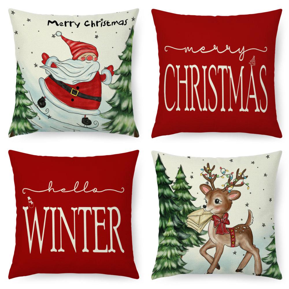 Christmas Imitation Linen Pillow Case Home Decoration Pillow Four-piece Set Sofa Cushion Cover Bedroom Pillow