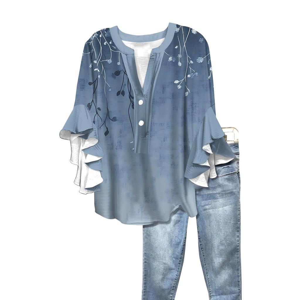 Summer Tops For Women Cute V Neck 3/4 Sleeve Blouses Floral Print Top Casual Shirts