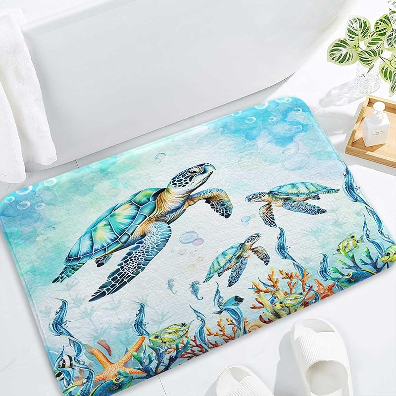 Watercolor Sea Turtle Blue Bathroom Rugs, Nautical Marine Animals Underwater Sea World Bath Rugs, Cute Bath Mats for Bathroom Shower Floor Decor, 17