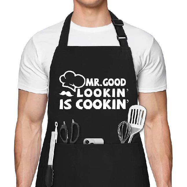Funny Aprons for Men, Mr. Good Lookin’ Is Cookin’ Chef Apron with 3 Pockets, Adjustable Neck Strap and Long Waist Ties, Perfect for Kitchen