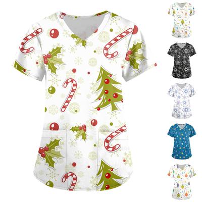 Women'S Christmas Printed Work Clothes V-Neck Double Layer Pockets Basic Top Pullover