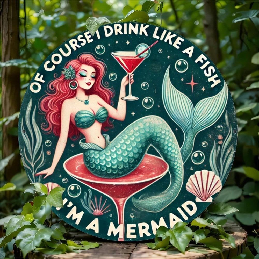Art Mural Métallique Cocktail Sirène Panneau Rond 8x8 Pouces pour Décoration de Bar Maison Café