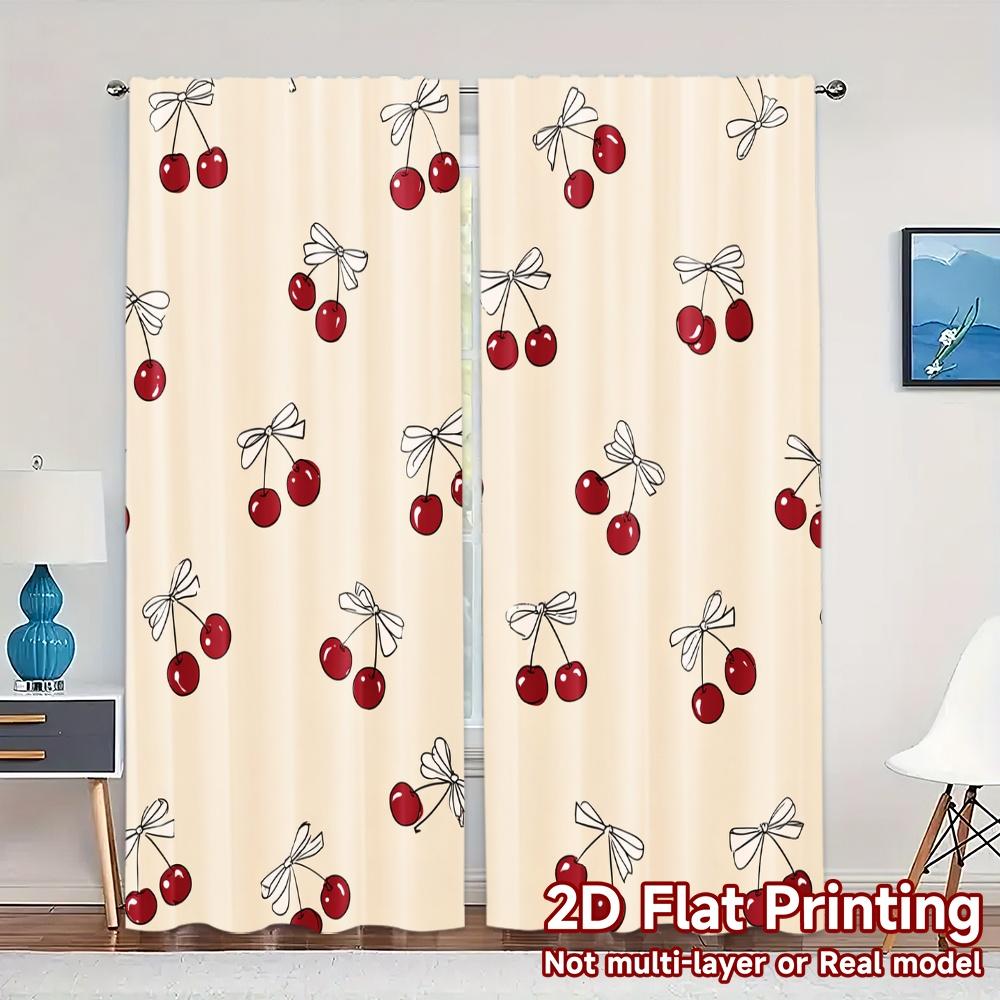 

Set Of 2 Contemporary Curtains Cherries Bows Repeating Chic Versatile Durable Polyester Decorations Outdoor Curtain W100*H70(CM)-Hooks&2PCS