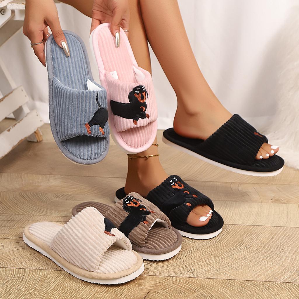 Women's Fuzzy Plush Slippers Lady Open Toe House Slippers Faux Fur Lined Slides Indoor Non-slip Cotton Slipper