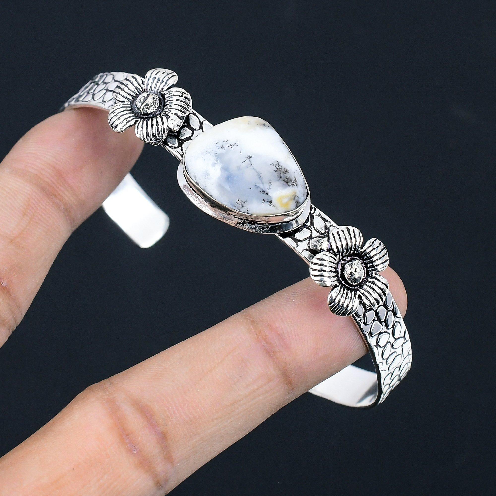 

Daughters Day Deal 925 Silver Dendrite Opal Gemstone Wife Flower Bangle Jewelry Adjustable