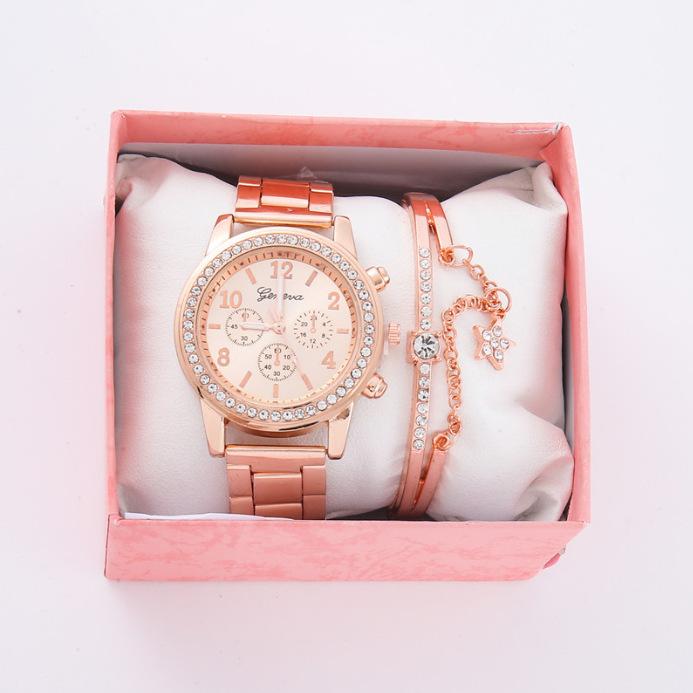Fake Three-Eyed Ladies 5Pcsset Steel Belt Women'S Watch Casual Korean Edition Quartz Watch Set (Orange Box)