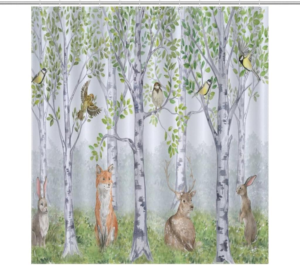 Cartoon Cute Forest Shower Curtains, Fairy Tale Mushroom Cat Flower Floral Leaf Green Pattern Decor Print Bath Drapes Set