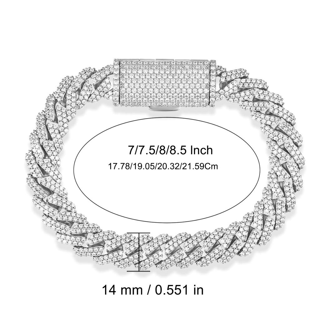 Klassischer Hip Hop Schmuck Individuell Messing Platinbeschichtet 14mm Komplett mit Zirkonia besetzter Zackenfassung Kubanische Gliederkette Armband Unisex