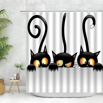Tenda Doccia Tre Gatti Neri Divertenti e Birbanti Che Si Grattano il Muro con le Zampette Set Tessuto Decorazione Bagno Ganci Bianco e Nero