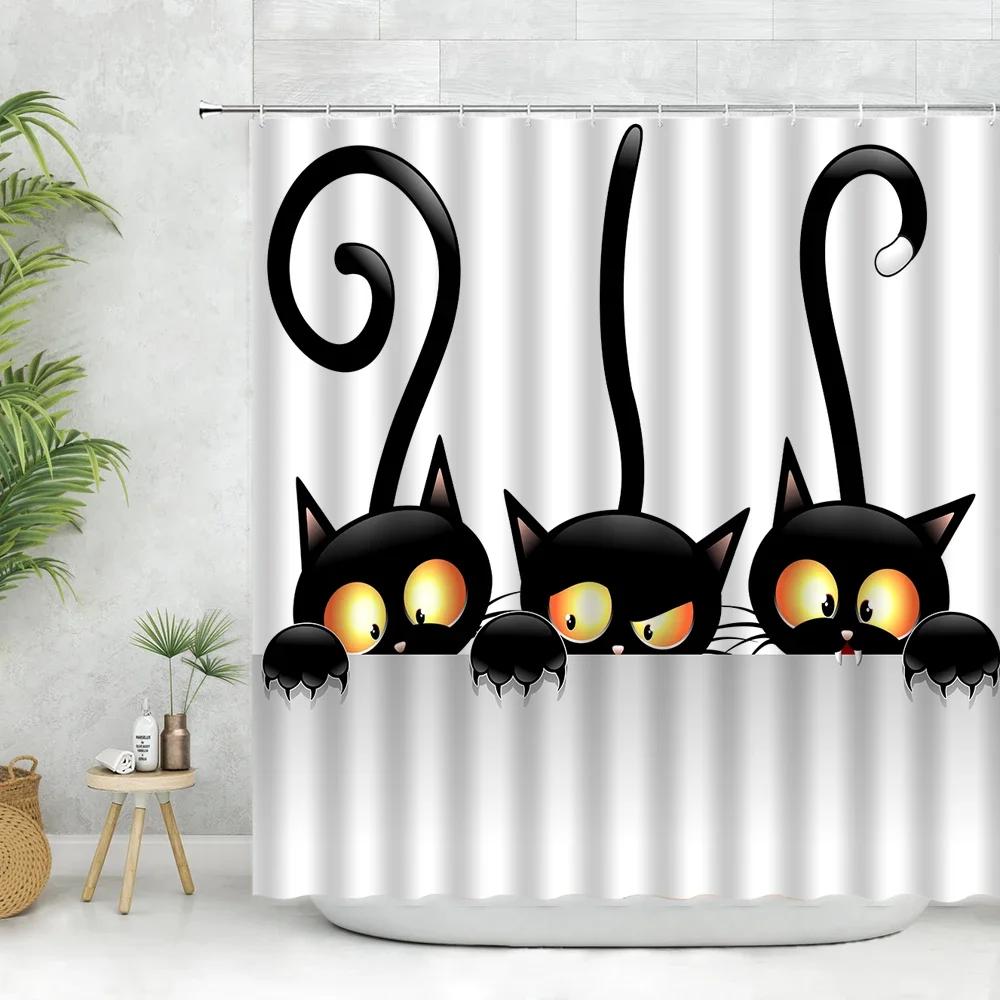 Three Funny Naughty Black Cat Shower Curtain Scratching The Wall with His Paws Fabric Bathroom Decor Set Hooks White and Black