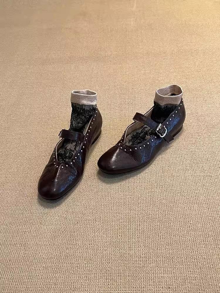 Sheepskin Version~ Retro Leather Round Head Shallow Mouth Mary Jane Shoes Women's Versatile Flat Bottom Rivets One Word with Commuter Shoes