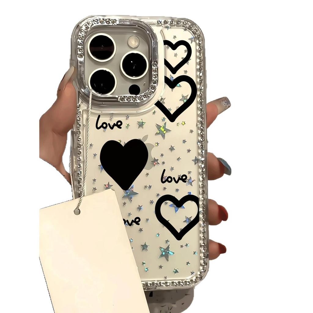 Love Black Love Applies To Apple iPhone16/17Pro Mobile Phone Case 15 Flash Diamonds 13 Advanced 14 Large Holes
