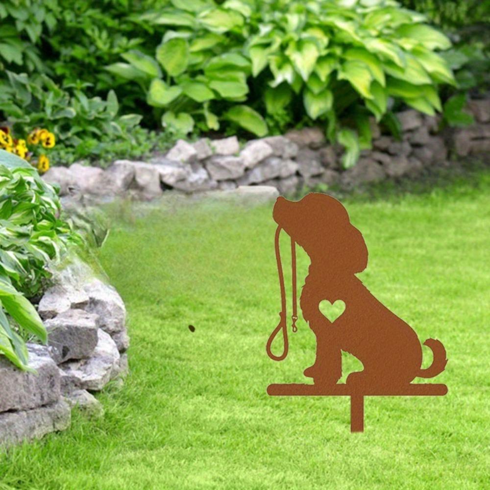 Metal Dog Silhouette Garden Stake Outdoor Decor Puppy Leash Heart