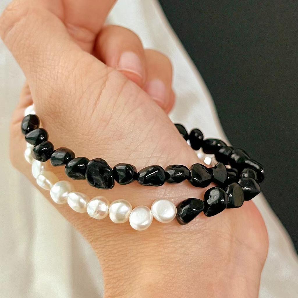 Retro Natural Black Agate Natural Freshwater Baroque Pearl Bracelet Black And White Contrasting Color Bracelet