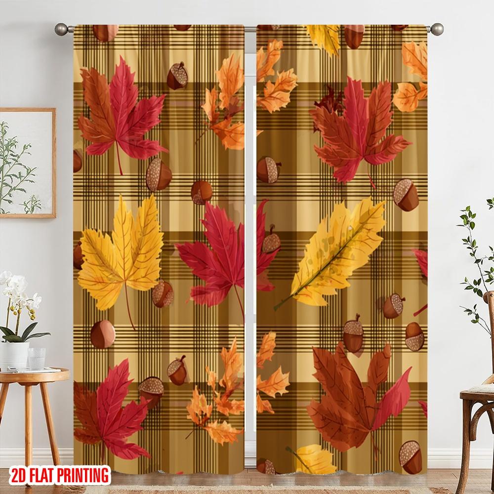 2pcs,2D plane printing Popular Curtains Autumn Leaves Plaid Pattern Versatile 100% Polyester (without rod) Outdoor Decorations