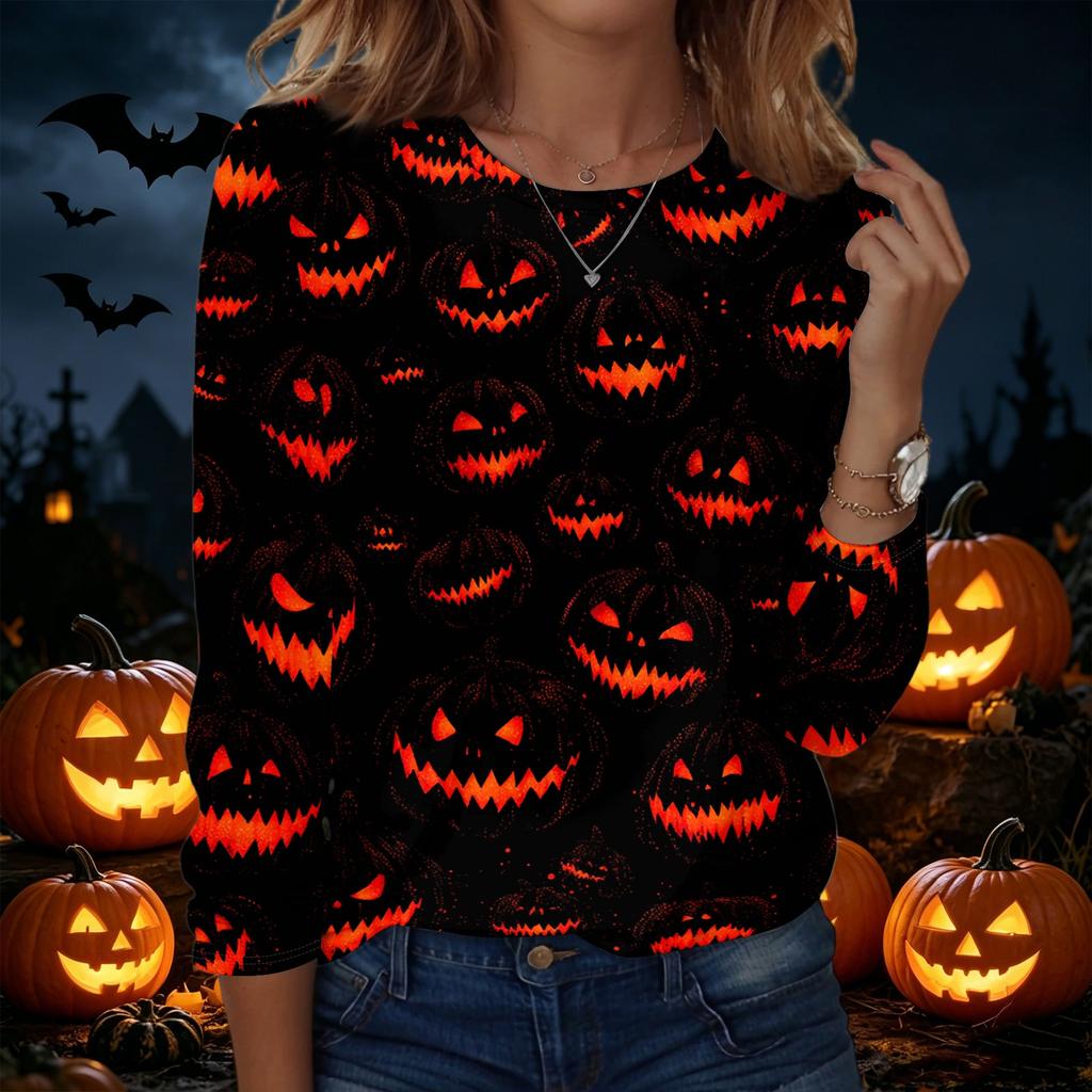 Women's Halloween Print Crew Neck Long Sleeve Pullover Sweatshirt Casual Fit Lightweight Top for Seasonal Wear