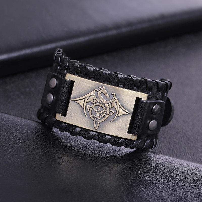Viking Dragon Alloy Wide Leather Bracelet Mens Leather Jewelry European and American Punk Popular