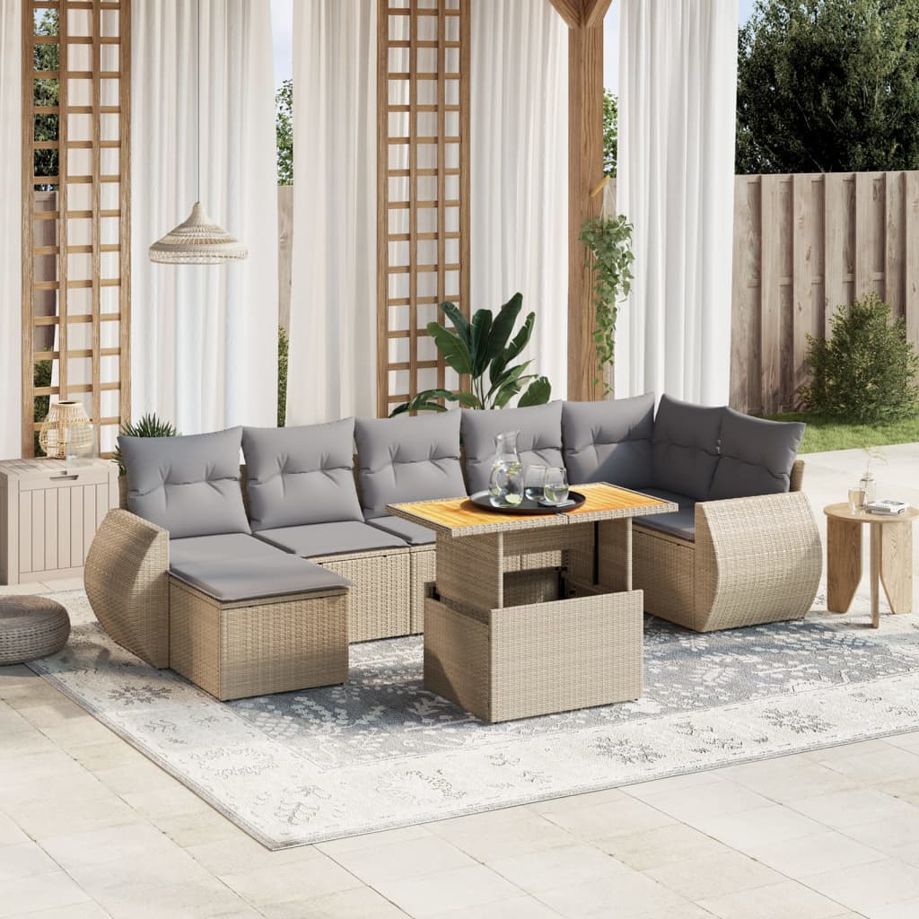 Vidaxl 8-Cz. Garden Furniture Set With Cushions, Beige, Poly Rattan