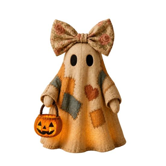 Lighted Vintage Patchwork Ghost LED Light Ghost with Pumpkin Lantern Halloween Decor Vintage
