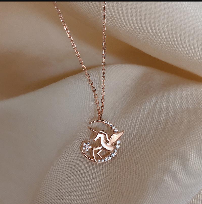 

925 Sterling Silver Crystal Unicorn Charm Pendant Necklace For Women Wedding Romantic Jewelry Choker Collar Girls Birthday Gift рожевий колір золота