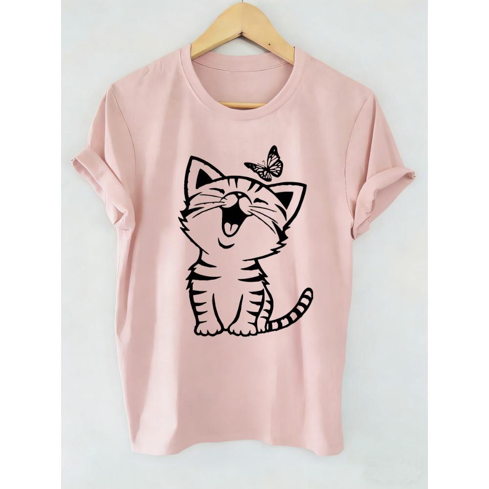 Graphic Cute Cat with Butterfly Print Retro Cat Funny T Shirts Men Women T-shirt Round Neck Short Sleeve Tee Shirt Cute